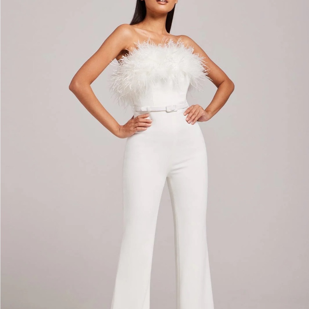NADINE MERABI White Feather Strapless Jumpsuit - Picture 3 of 13